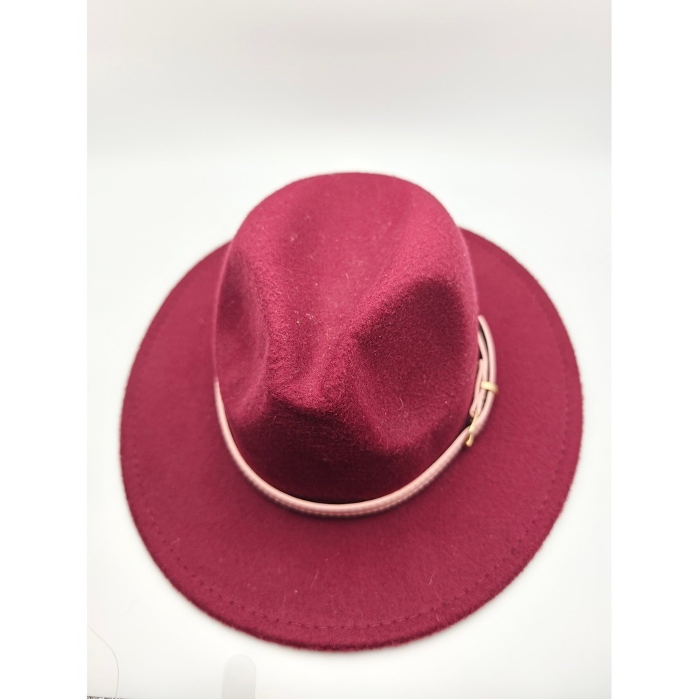 Womens Burgundy Felt Fedora Hat with Pink Buckle Trim Band